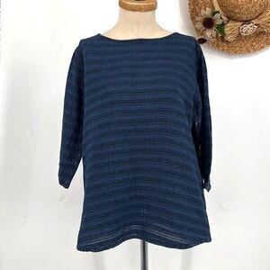 J.Jill Indigo Round Neck 3/4 Sleeve Tunic Pullover Top Cotton Blue S‎